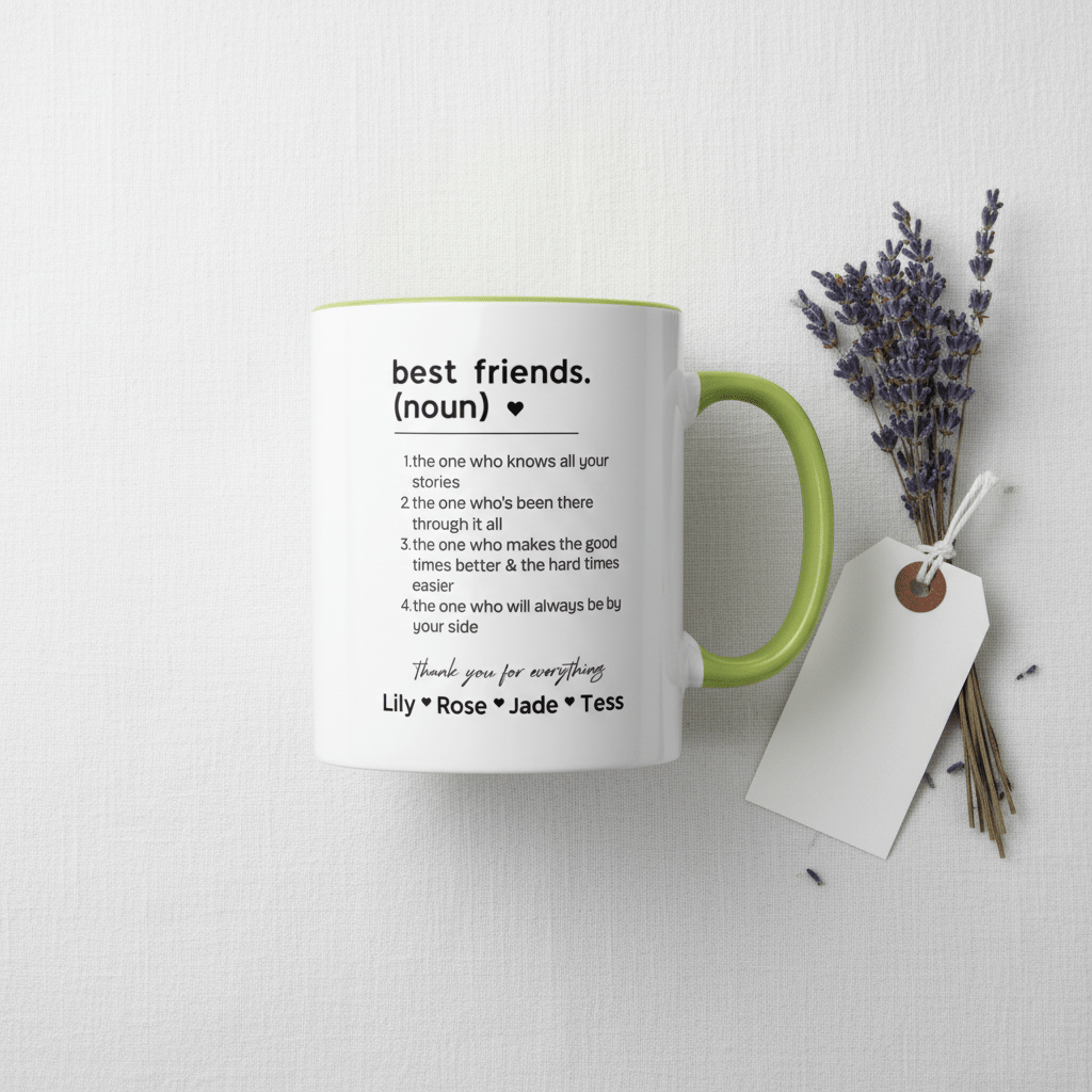 White ceramic mug with green handle and printed friendship quote with names.