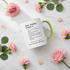 Personalised friendship mug, white with light green handle, black text, roses around