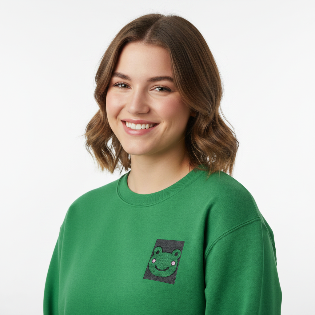 Irish green embroidered frog sweatshirt with crew neck and chest square patch.