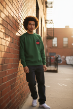 Green cherry embroidered sweatshirt with chest cherry patch, crew neck and long sleeves