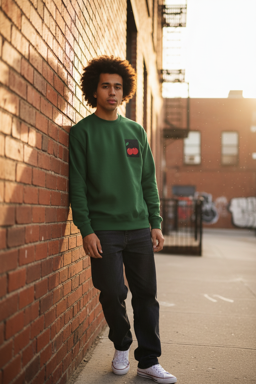 Green cherry embroidered sweatshirt with chest cherry patch, crew neck and long sleeves