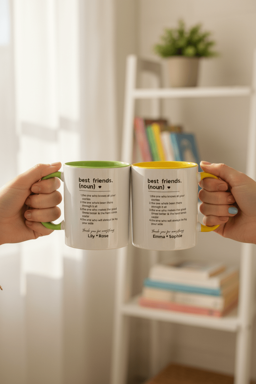 Two white mugs held by hands; green and yellow interiors; printed friendship quote.