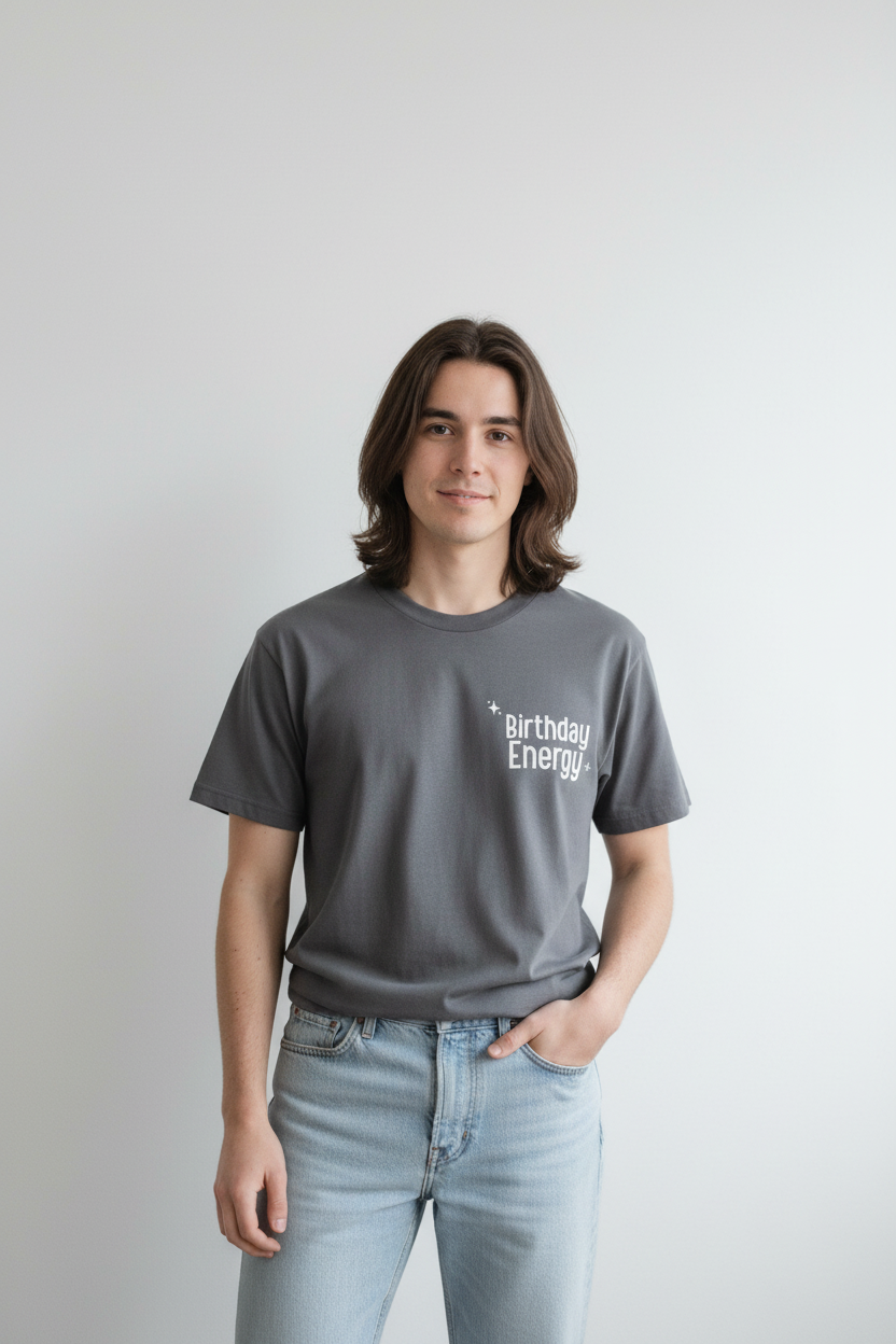 Gray crew-neck short-sleeve T-shirt with 'Birthday Energy' chest print