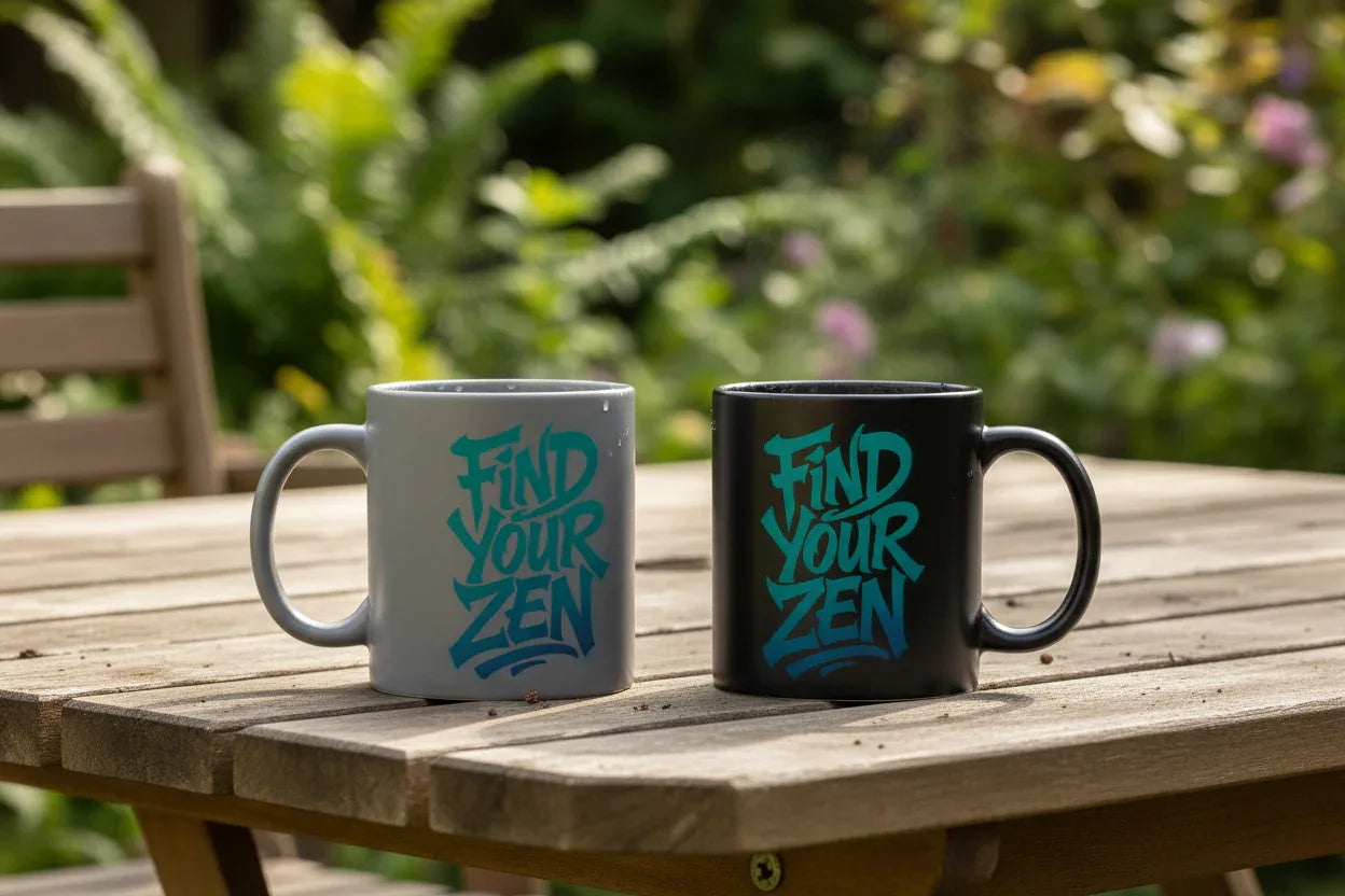 Motivational coffee mug set on wooden table, teal and dark with “Find Your Zen” text