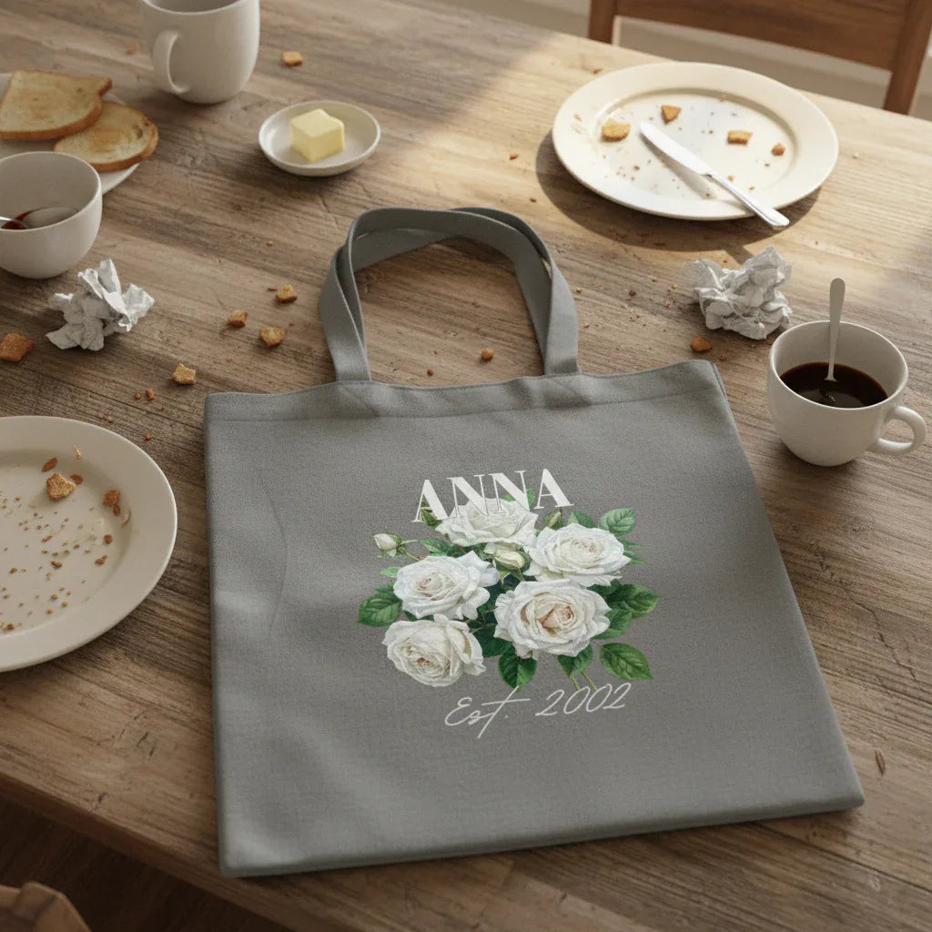 Personalised Floral Tote Bag | Custom Name, Text & Date | Choose Rose Colours | Eco Gift - Alley Crafters
