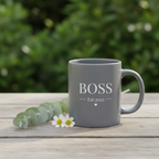 Gray mug with "BOSS" text and "Est.2023" with a heart below