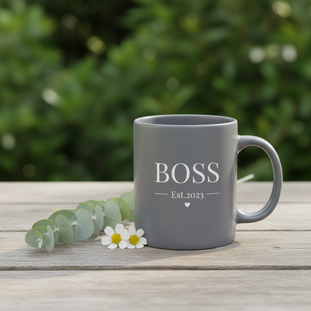 Grey BOSS mug with eucalyptus outdoors