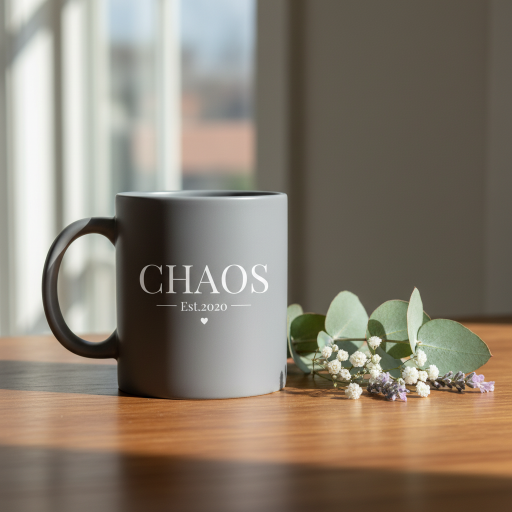 Grey CHAOS mug with eucalyptus