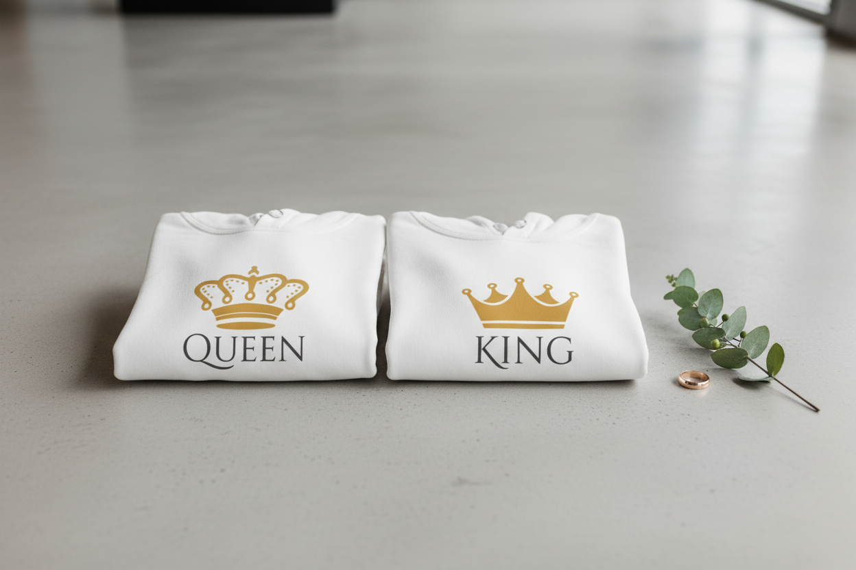 White hooded sweatshirt pair with QUEEN and KING crown graphics, front view on surface