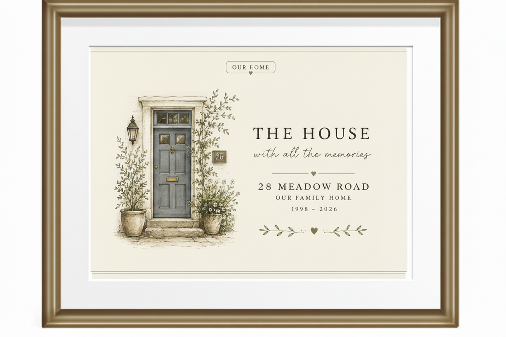 Framed canvas print with illustrated home and gray front door, with house-themed lettering