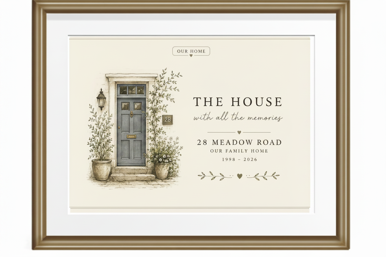 Framed canvas print with illustrated home and gray front door, with house-themed lettering