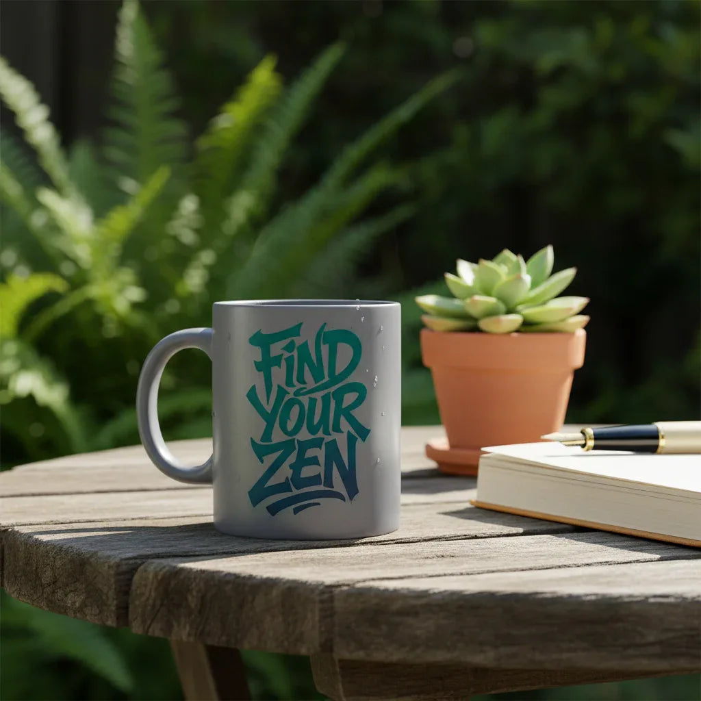 Light gray coffee mug with teal “Find Your Zen” print on wooden bench