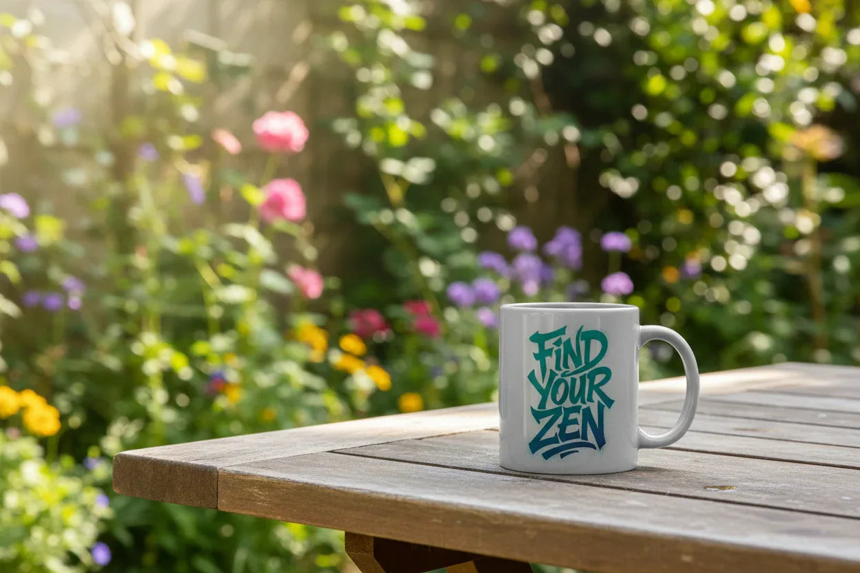 White motivational coffee mug with teal “Find Your Zen” print on outdoor wooden table