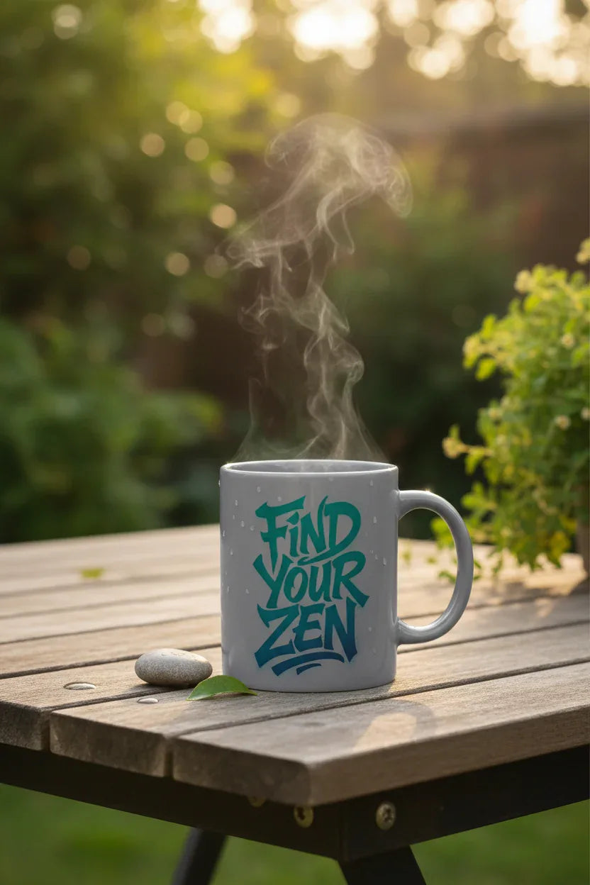 Light gray coffee mug with teal “Find Your Zen” print, steaming on wooden table