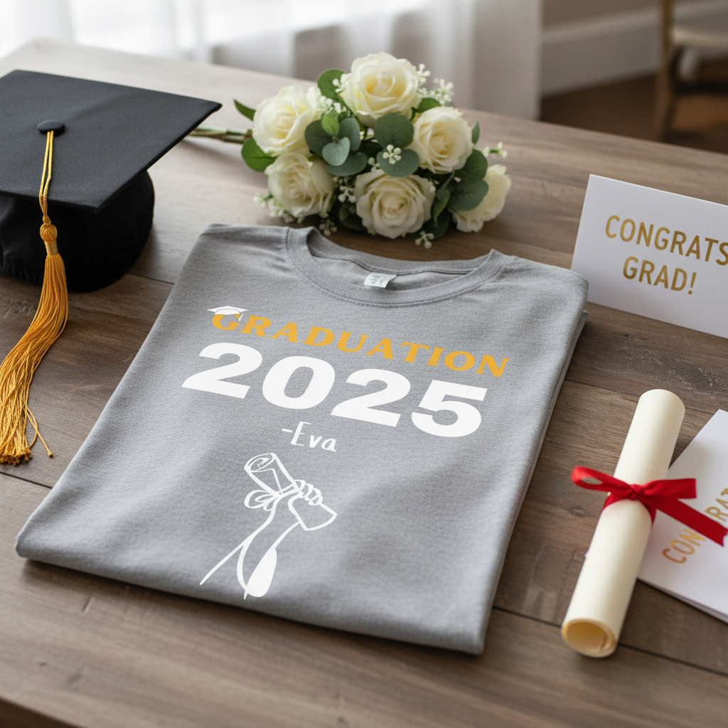 Grey folded t-shirt with graduation items