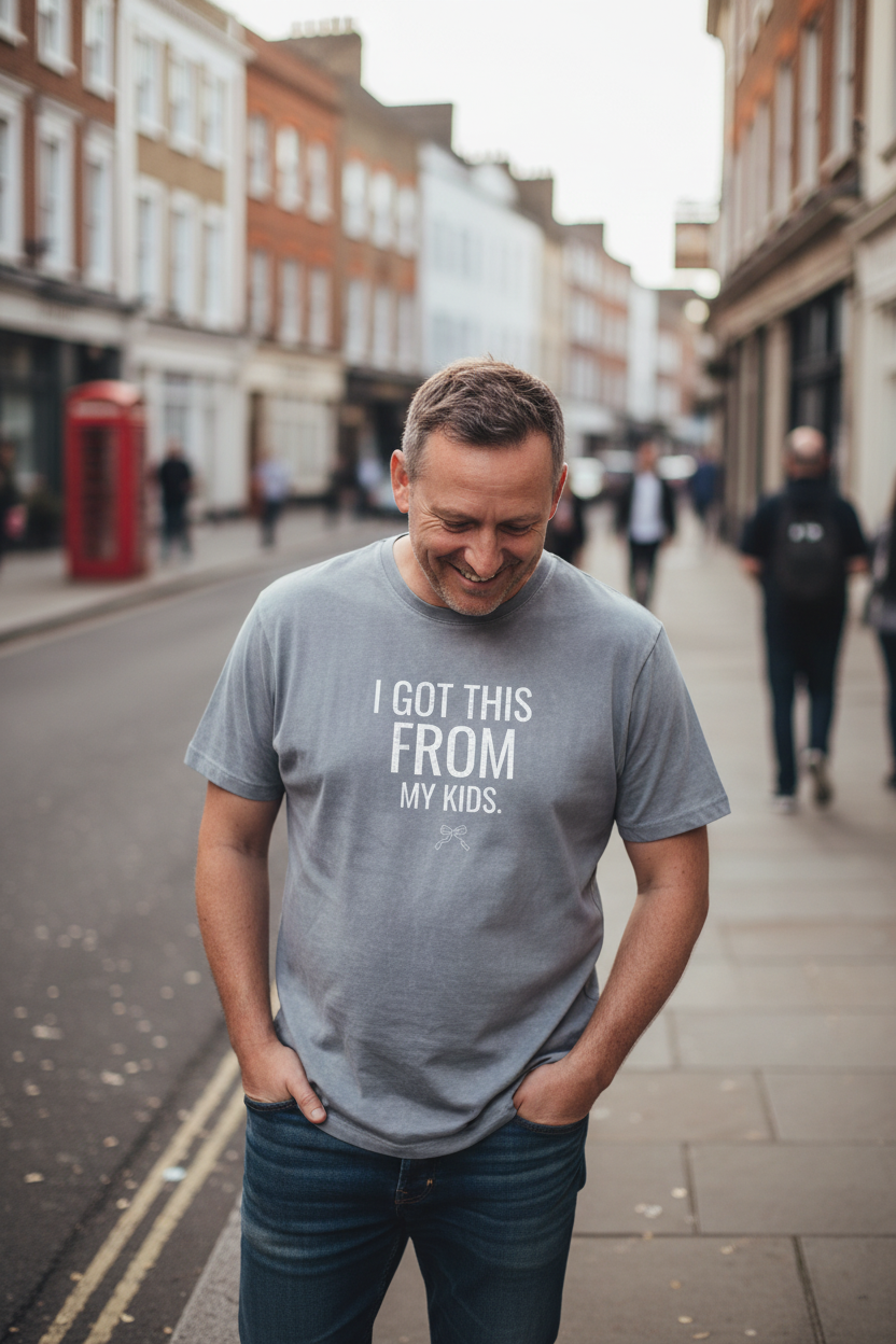 Grey graphic T-shirt with 'I GOT THIS FROM MY KIDS.' text on front