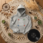 Sport grey pullover hoodie with hood and front pocket, retro star “Stay Trippy Little Hippie”