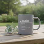 Grey mug with Jessie noun and 1 Nurse, 2 Chocolate lover, 3 Smart