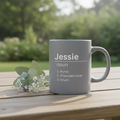 Grey Jessie mug with eucalyptus outdoors