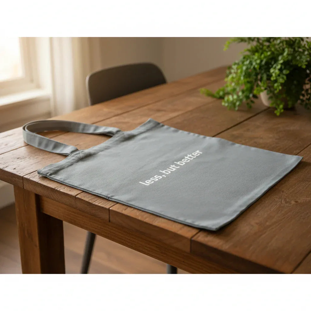 Grey cotton tote bag with two short handles, printed “less but better”