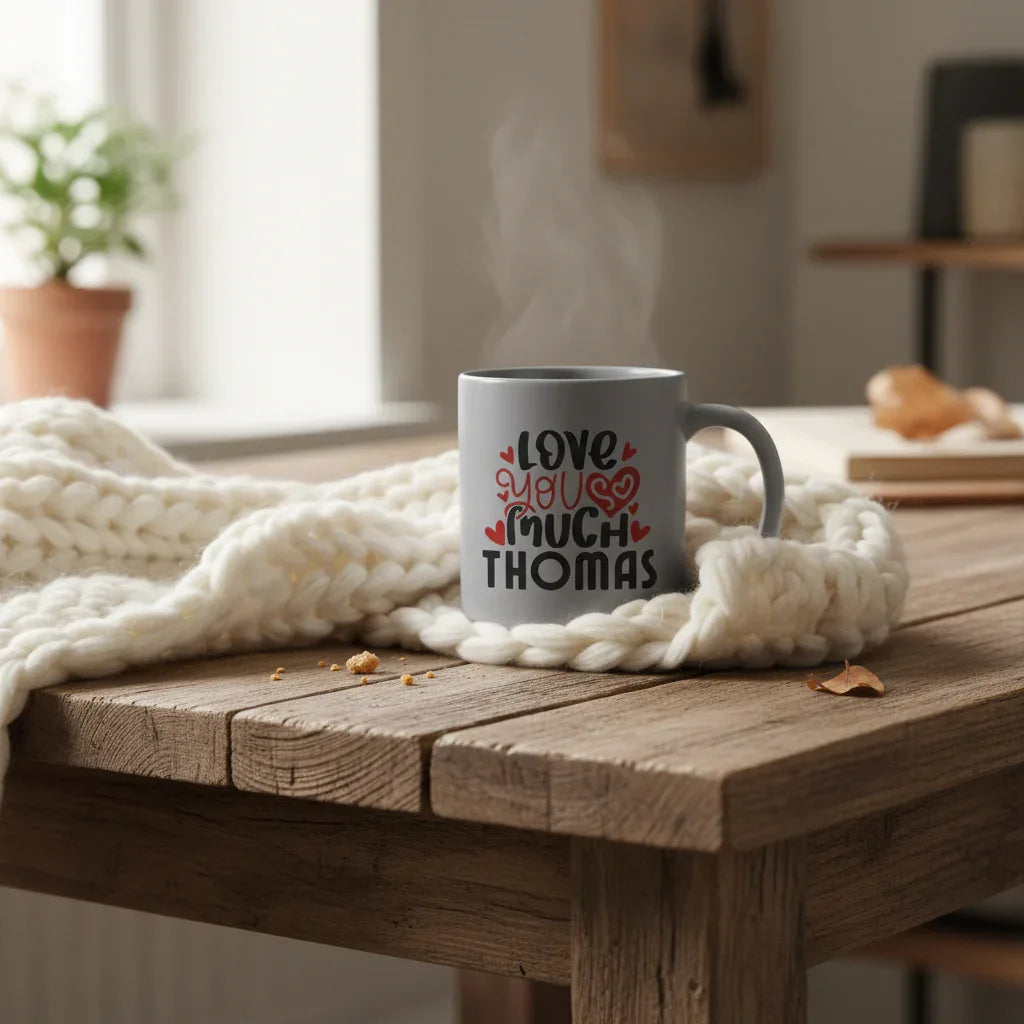 Gray mug with “Love you much THOMAS” print in red hearts and black letters