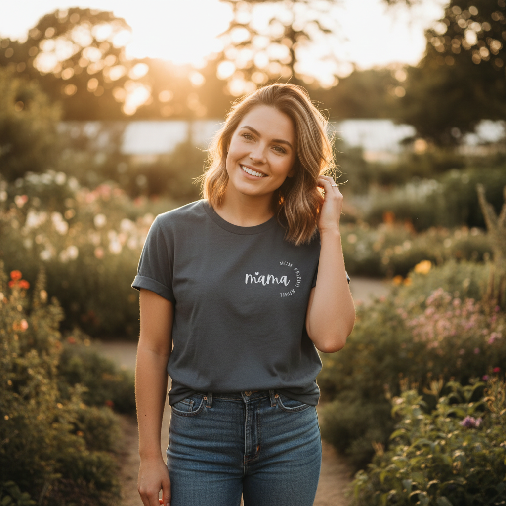Charcoal crew-neck short-sleeve T-shirt with 'mama' script logo on chest
