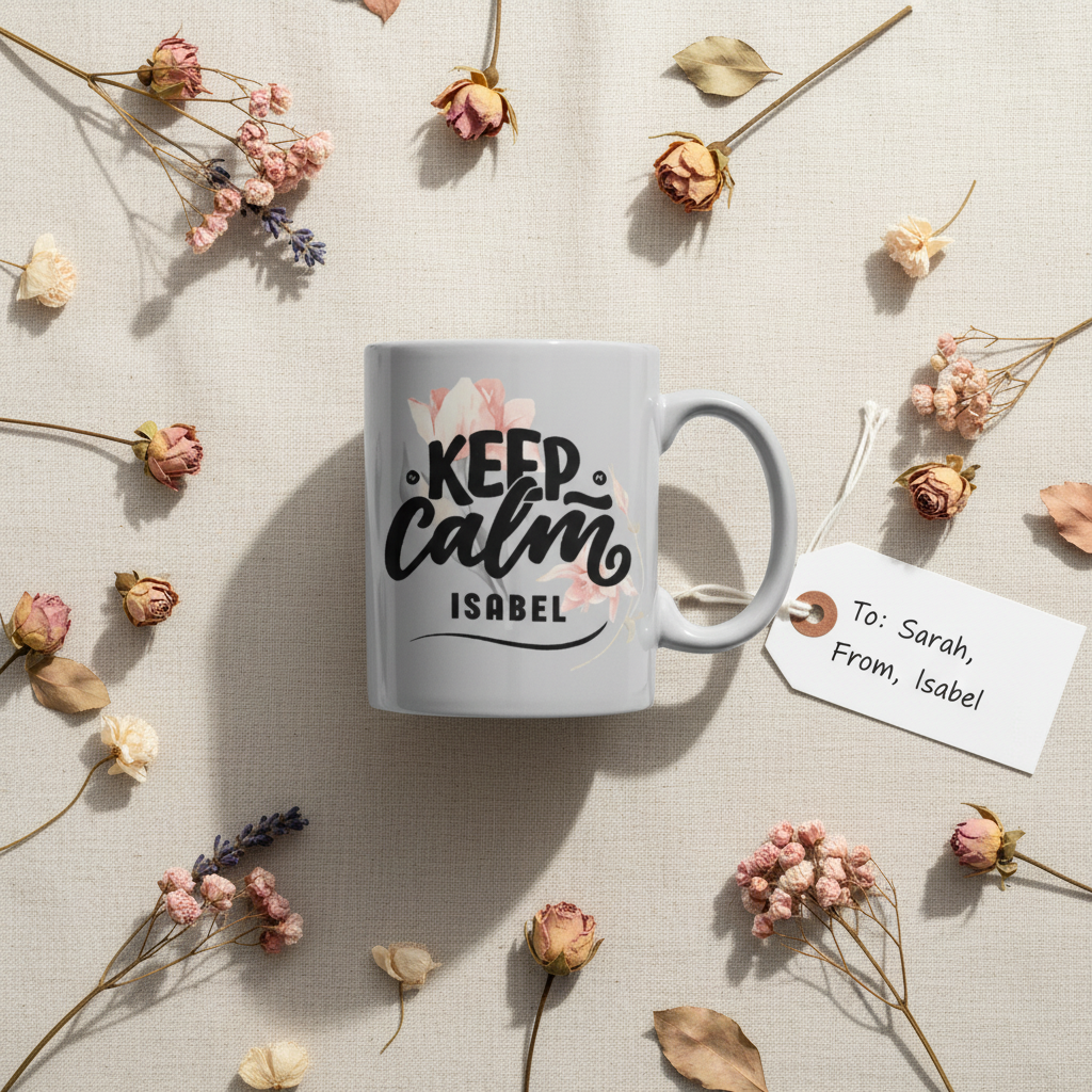 Light gray coffee mug with “Keep Calm” floral design and name “Isabel”