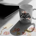 Gray mug with “Keep Calm” floral design and name “Olivia”
