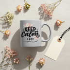 Gray coffee mug with floral “Keep Calm” and name “Lucy”