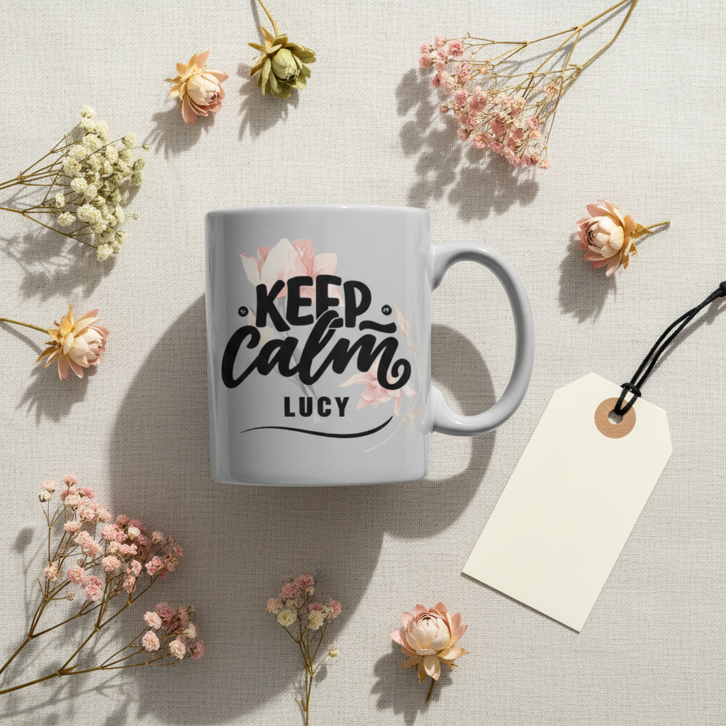 Gray coffee mug with floral “Keep Calm” and name “Lucy”