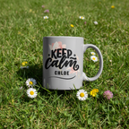 Gray mug with floral 'Keep calm' design and name Chloe.
