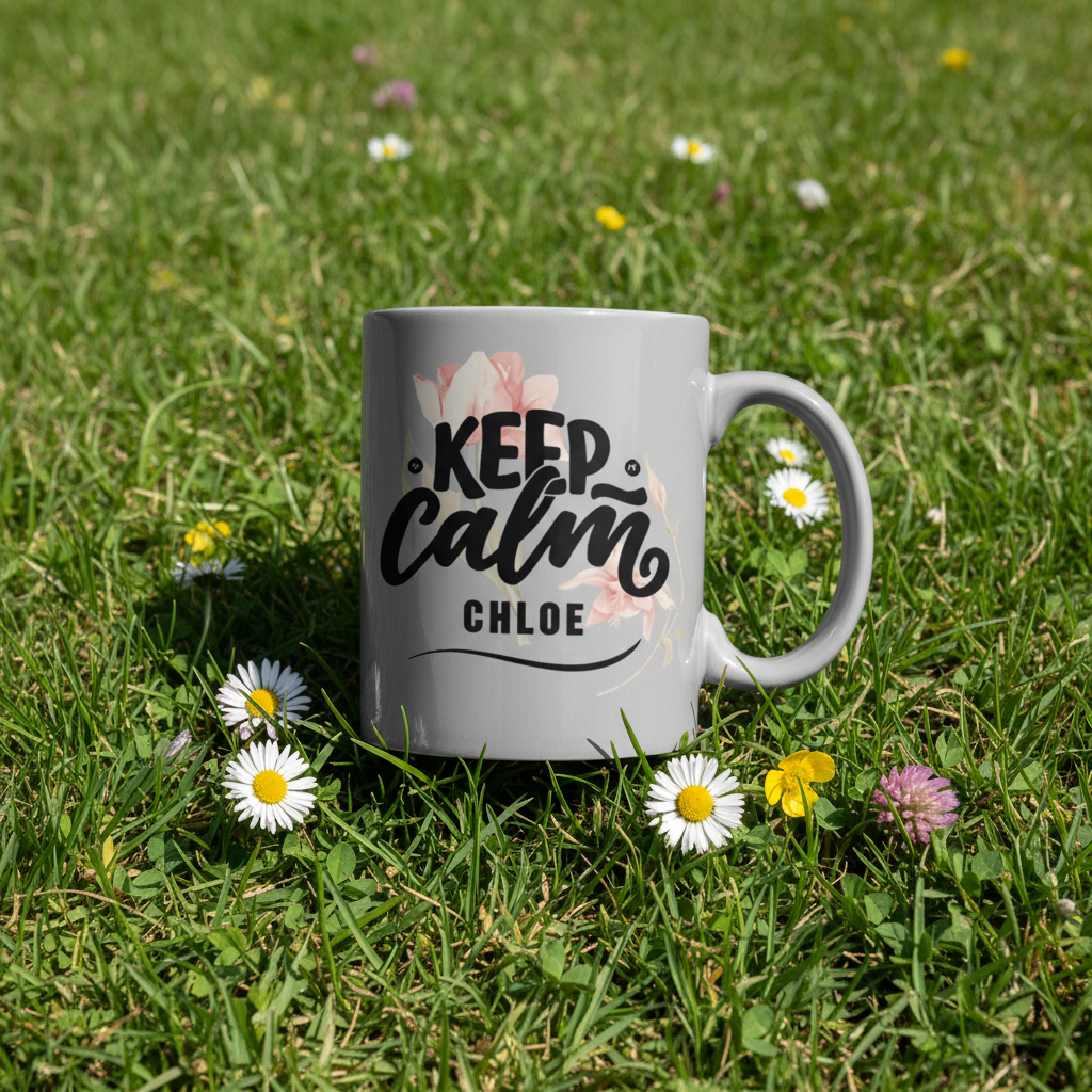 Gray mug with floral 'Keep calm' design and name Chloe.