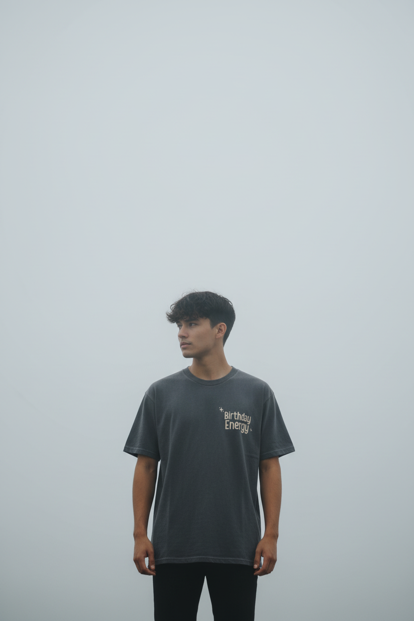 Dark gray crew-neck short-sleeve T-shirt with 'Birthday Energy' chest graphic