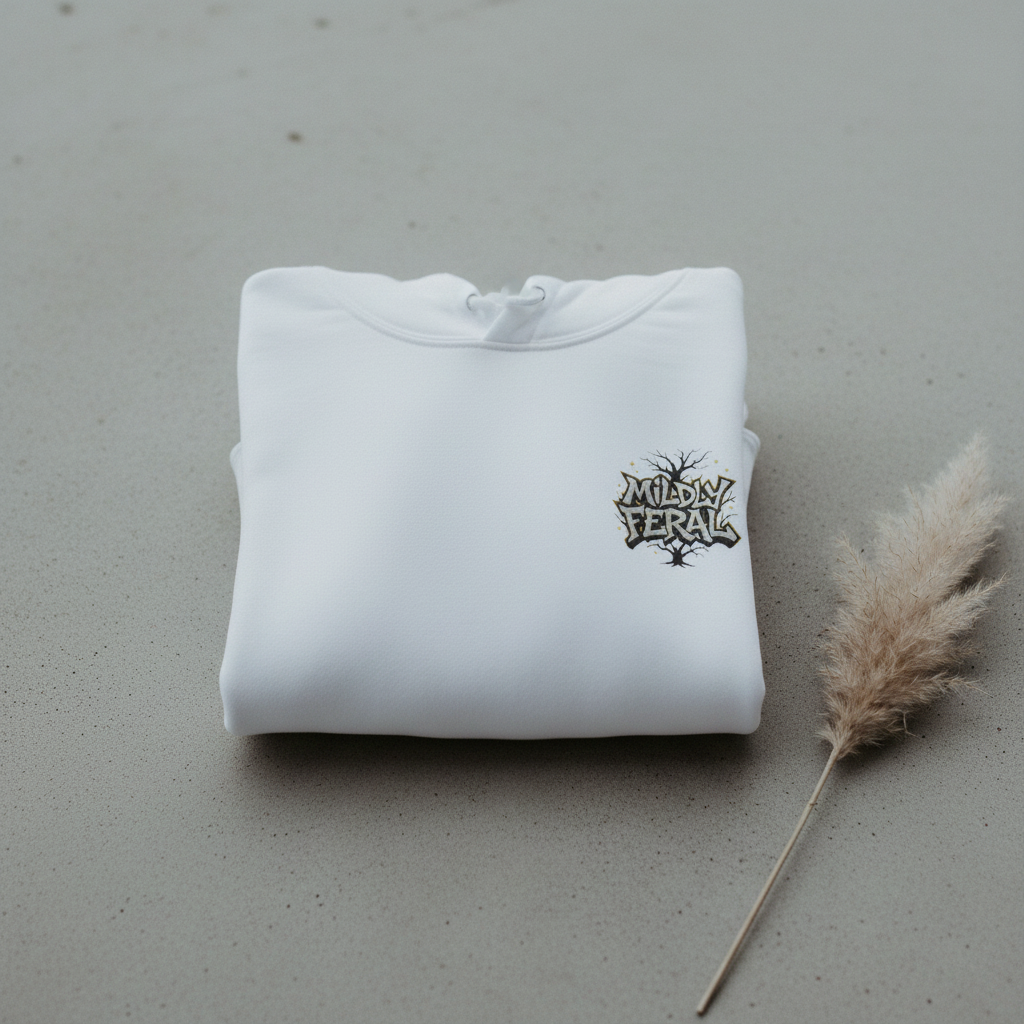 White graphic pullover hoodie with hood drawstrings and small chest logo