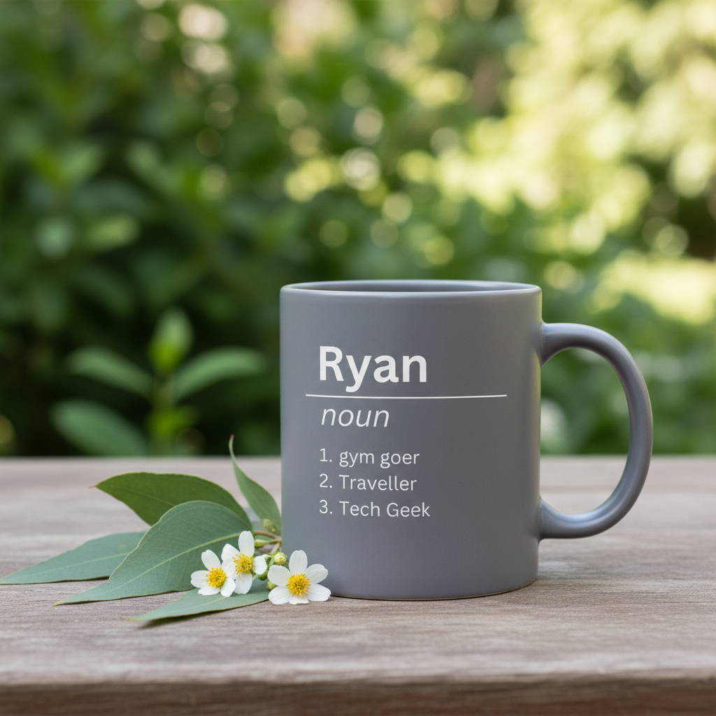 Gray mug with Ryan noun definition text and list: gym goer, Traveller, Tech Geek