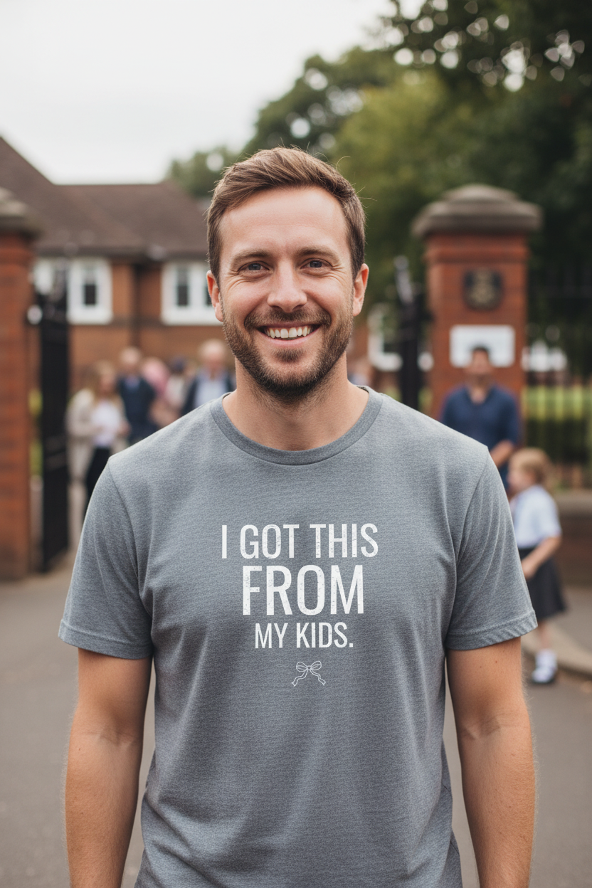 Heather grey graphic T-shirt with 'I GOT THIS FROM MY KIDS.' and small logo