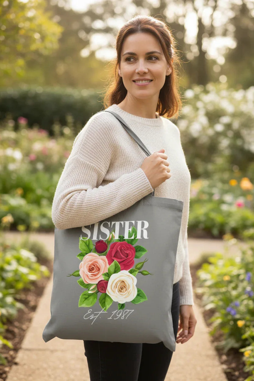 Personalised Floral Tote Bag | Custom Name, Text & Date | Choose Rose Colours | Eco Gift - Alley Crafters