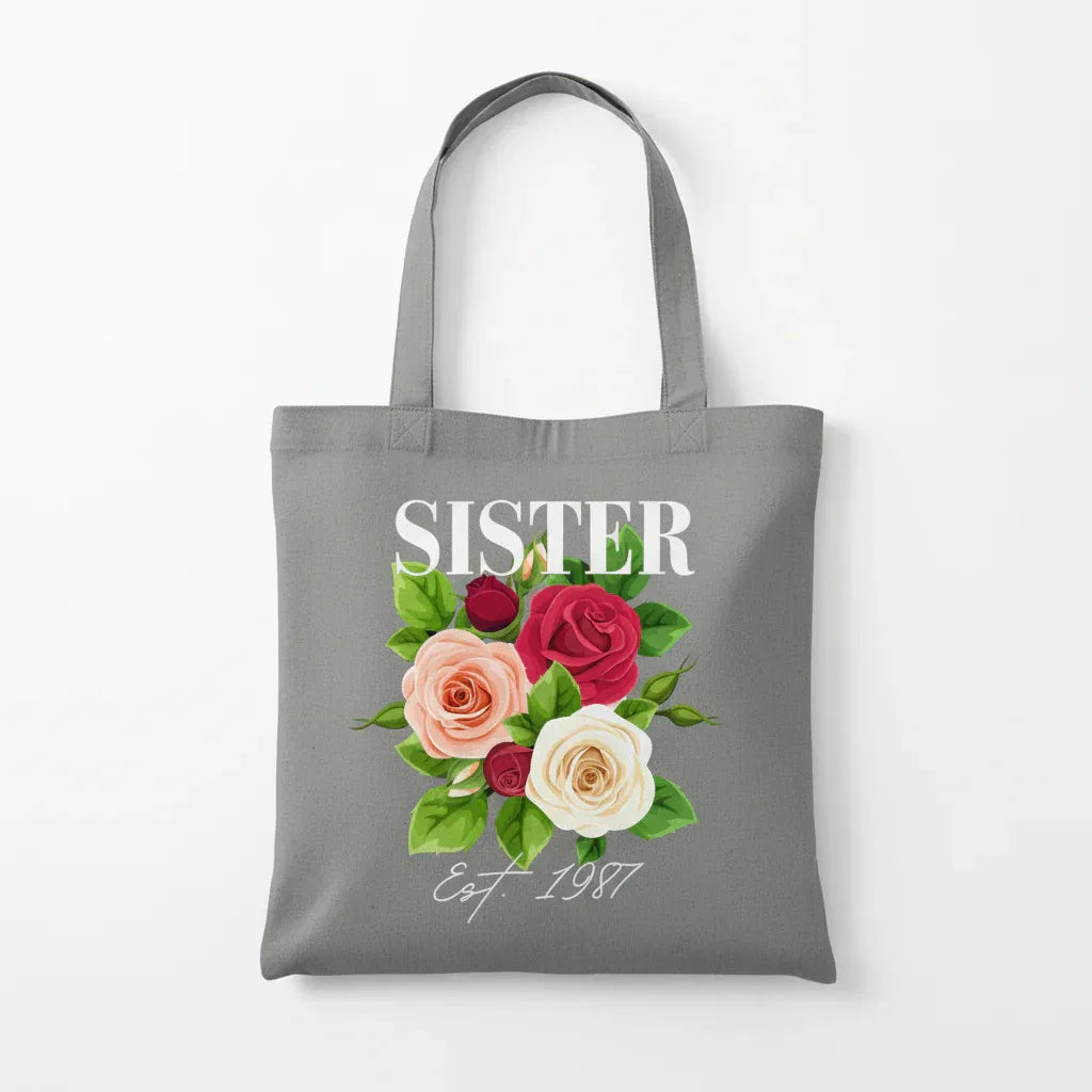 Personalised Floral Tote Bag | Custom Name, Text & Date | Choose Rose Colours | Eco Gift - Alley Crafters