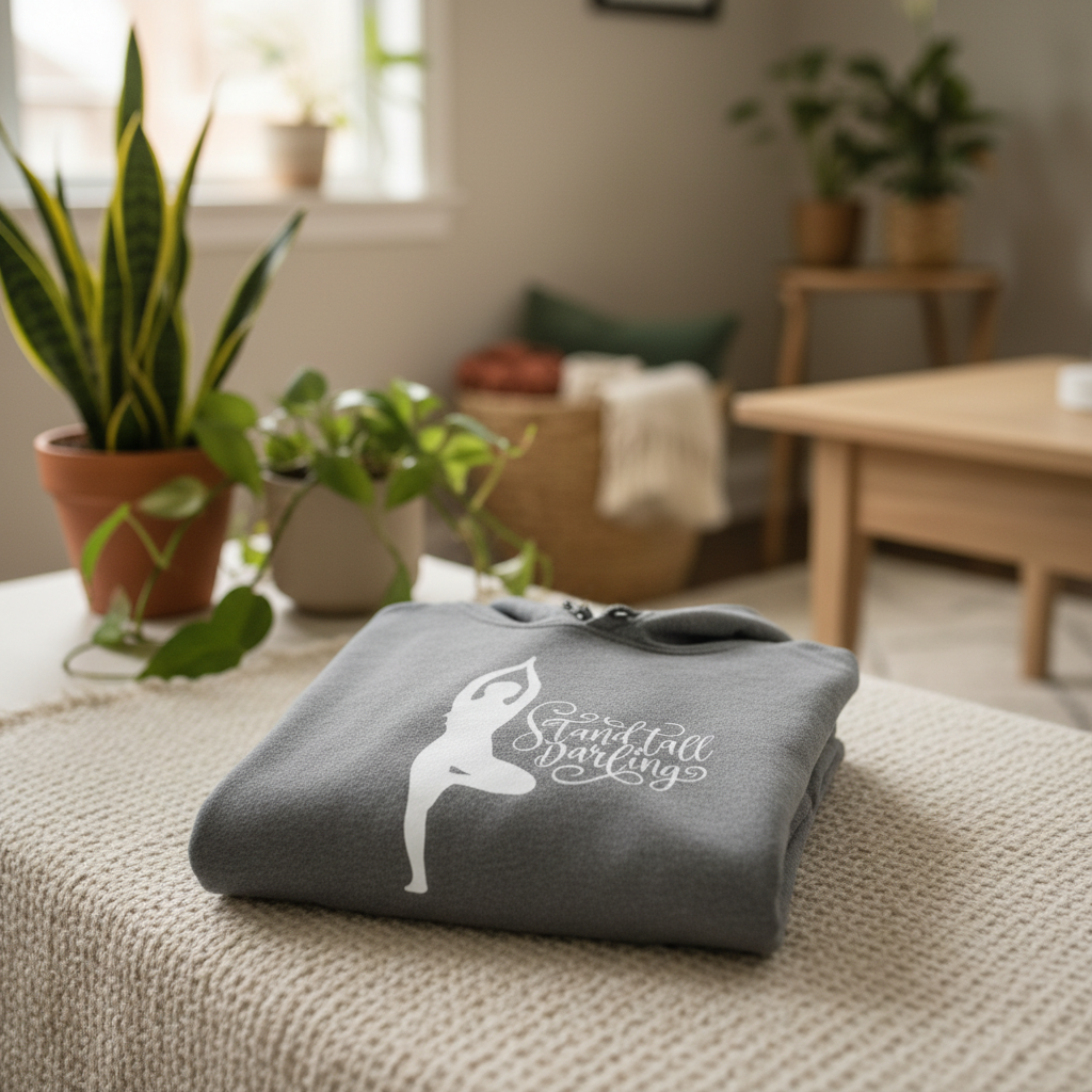 Gray hoodie folded with front pocket and yoga silhouette logo on the chest.