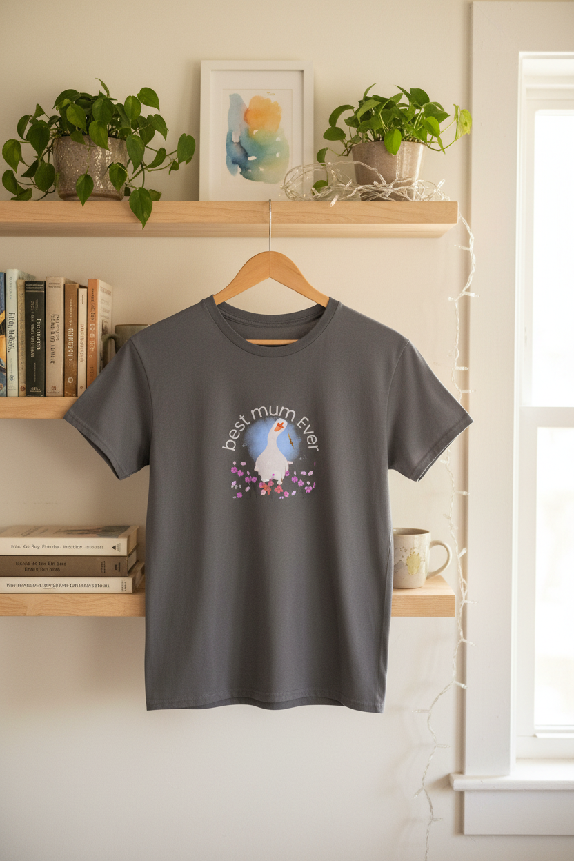 Grey t-shirt on hanger with cozy setting