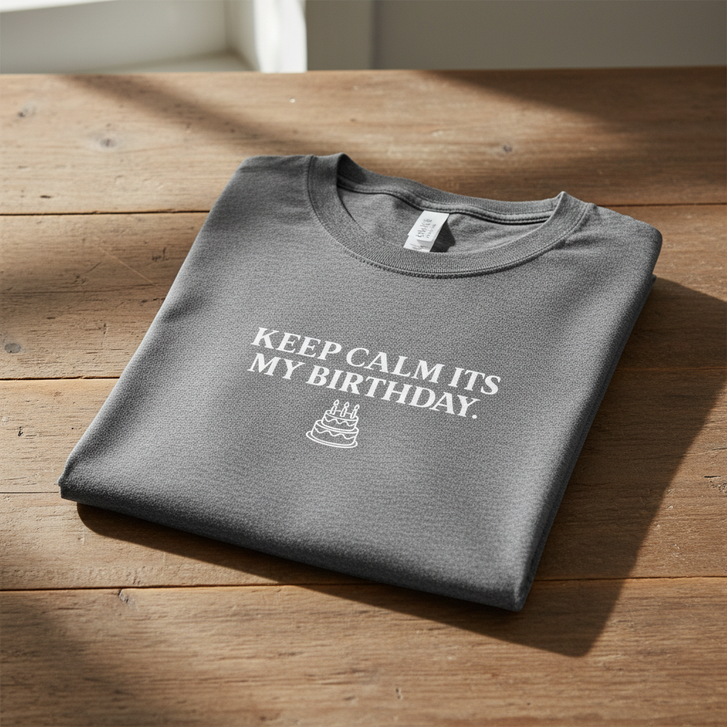 Charcoal T-shirt folded with chest text: “KEEP CALM IT’S MY BIRTHDAY” and cake icon.