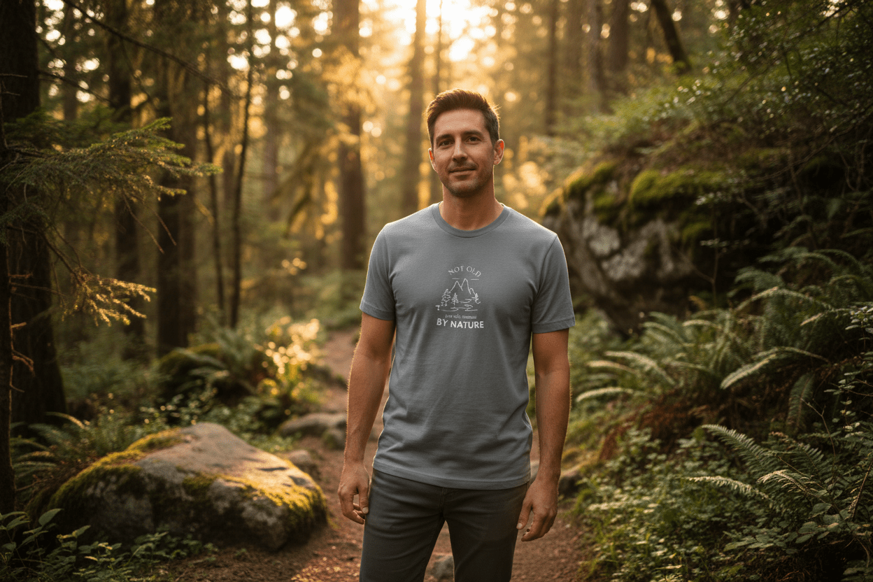 Heather gray graphic T-shirt with small “BY NATURE” chest logo, worn in the woods