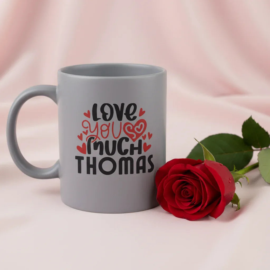 Personalised grey mug with 'Love you much' and name THOMAS