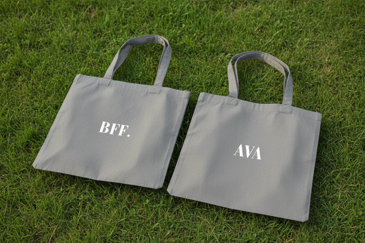 Pair of light grey cotton tote bags with text “BFF.” and “AVA”.