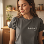 Charcoal crew-neck short-sleeve T-shirt with 'mama' script graphic on chest