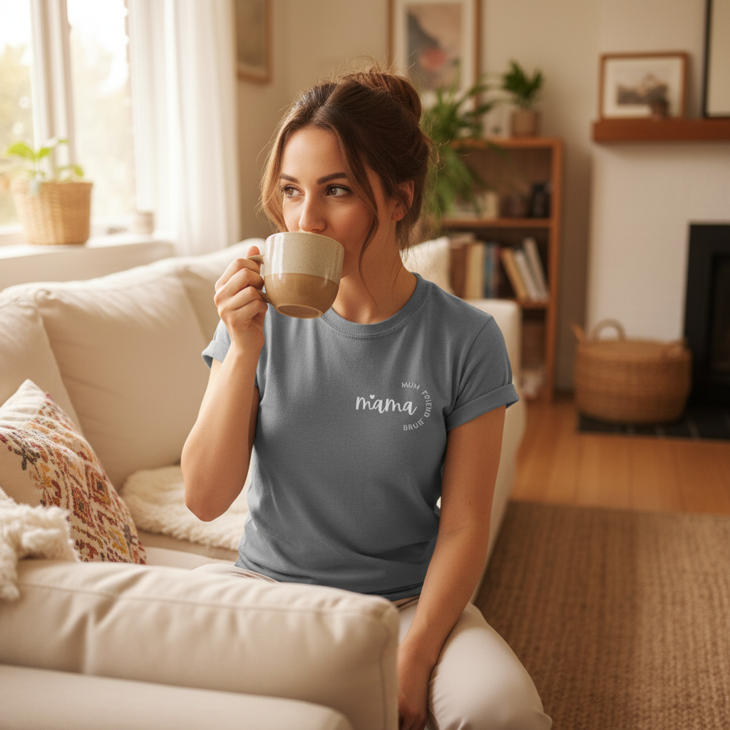 Charcoal crew-neck short-sleeve T-shirt with 'mama' script graphic, model holding mug