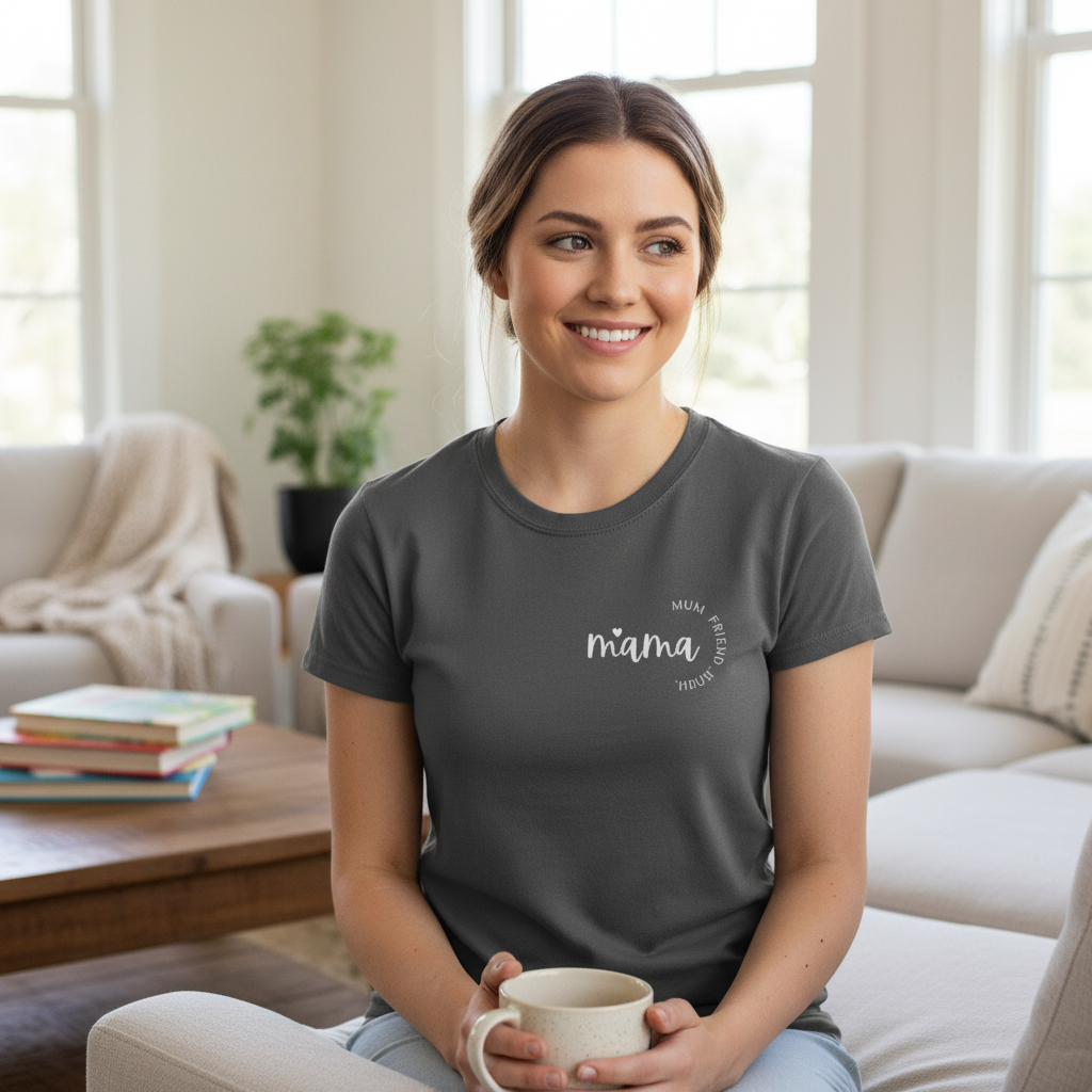 Charcoal grey mum T-shirt with small chest logo and round crew neck
