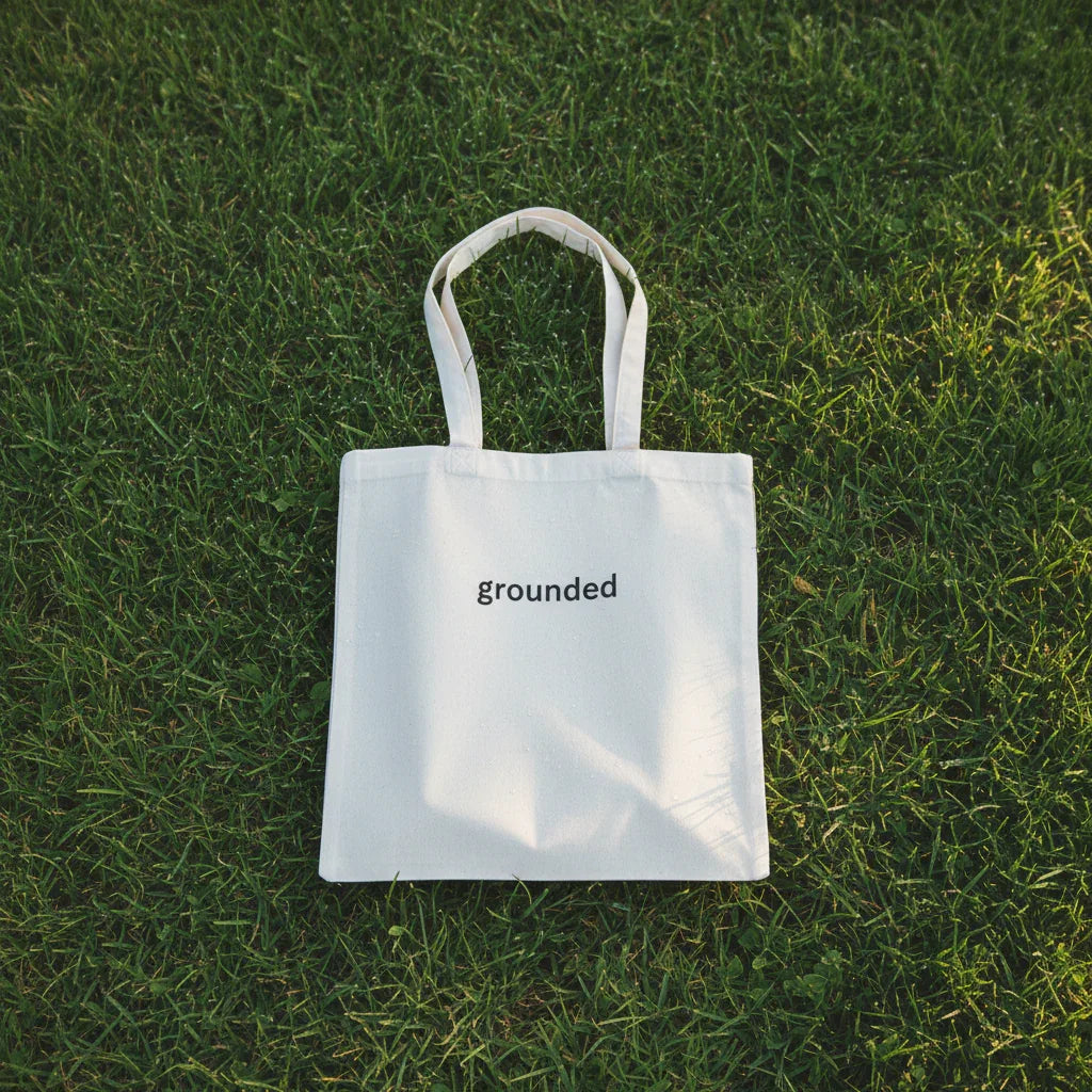 White cotton tote bag with two handles, printed “grounded”