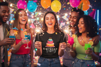 Black birthday cake graphic T-shirt with colorful candles and 'BIRTHDAY' print