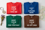 Set of four crew-neck sweatshirts in red, blue, green, and brown with printed slogans